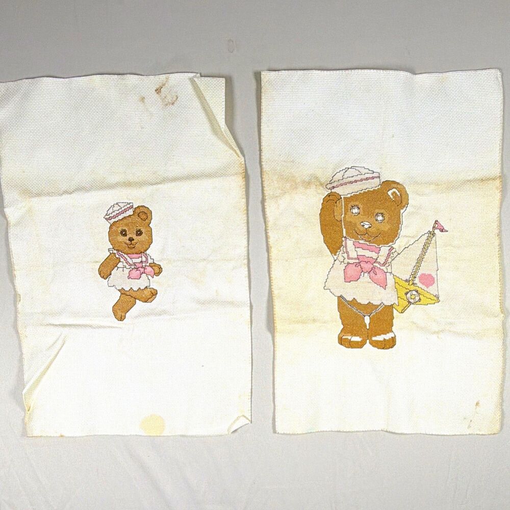 Handmade Finished Cross Stitch Sampler Lot of 2 Teddy Bear Pieces